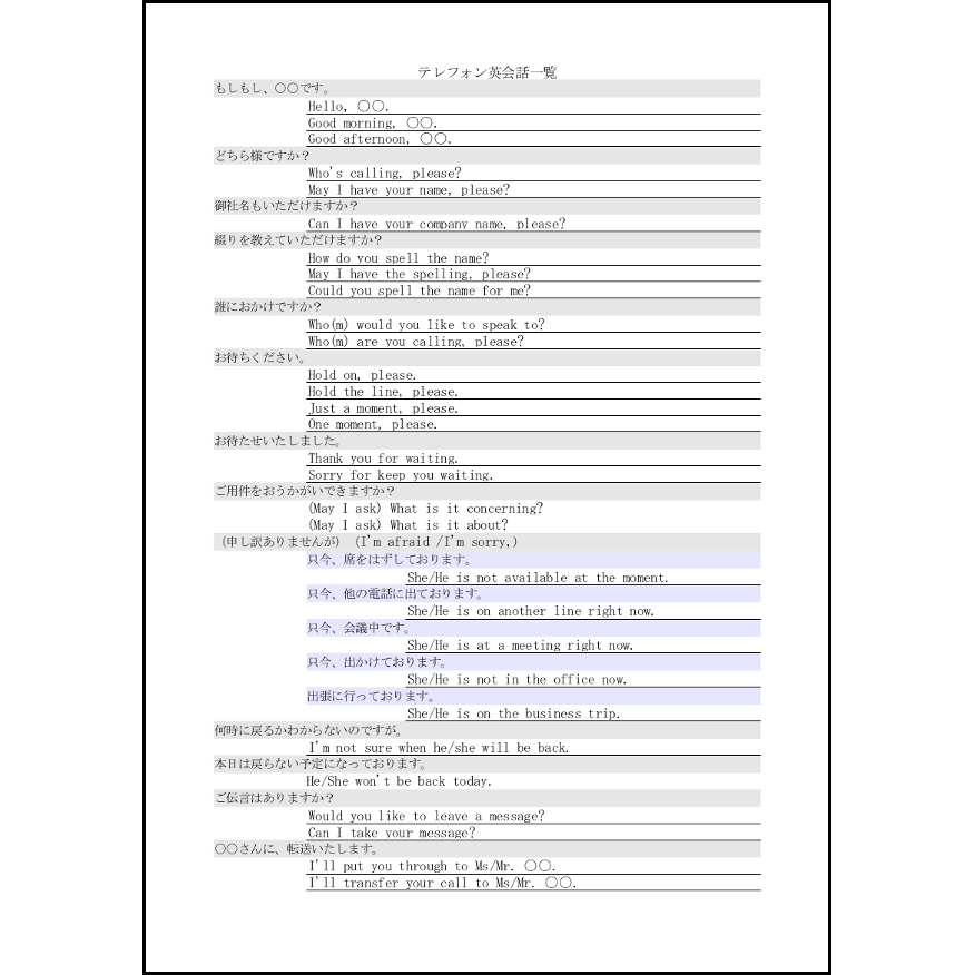 テレフォン英会話一覧2 LibreOffice