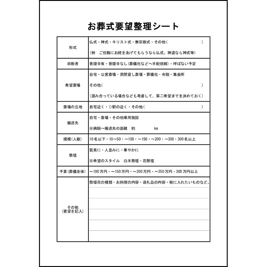 お葬式要望整理シート12