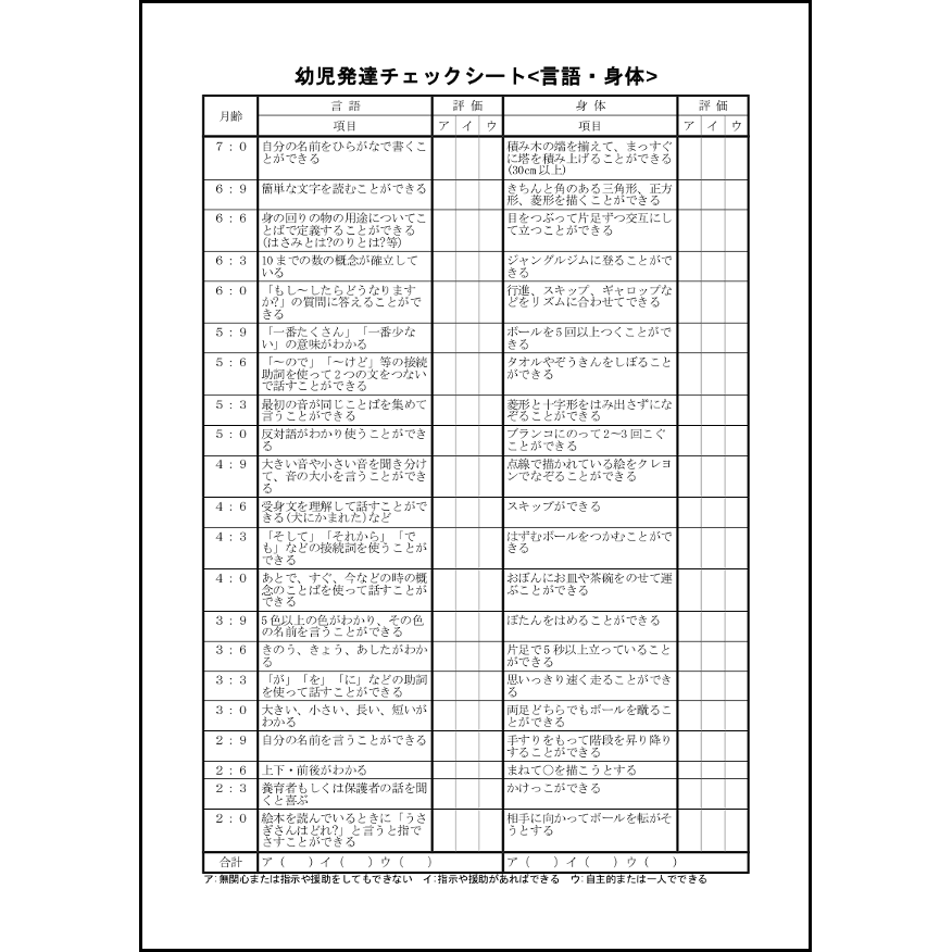 幼児発達チェックシート<言語・身体>6