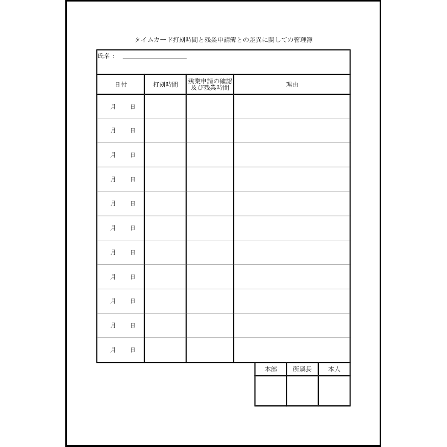 タイムカード打刻時間と残業申請簿との差異に関しての管理簿8